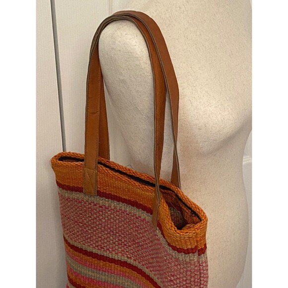 JENNY KRAUSS Wool Knit Shoulder TOTE Beach Book Bag BOHO Pink Orange Red Striped - Picture 3 of 7